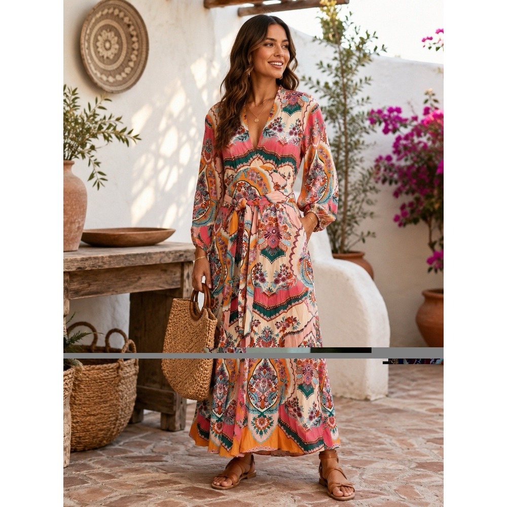 ZARA Boho Paisley Floral Wrap Maxi Dress S Kimono Pockets Pink Orange